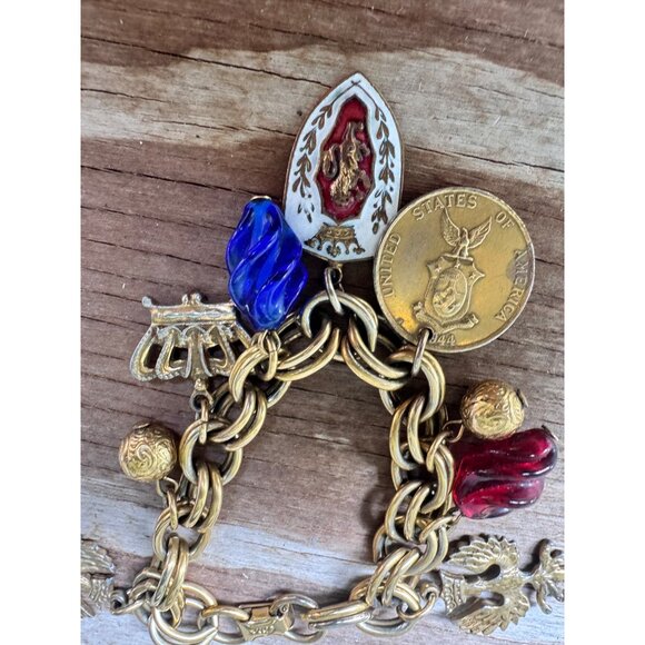 Vintage Coro Gold-Tone Charm Bracelet With Religious & Musical Motifs Red & Blue - Picture 6 of 8
